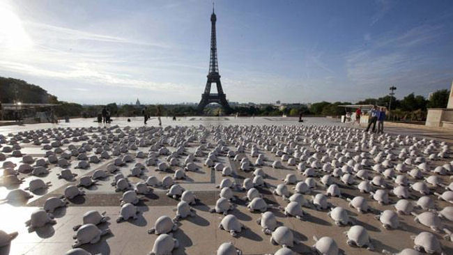 Eiffel Tower Turtles of War Installation by French Artist Rachid Khimoune