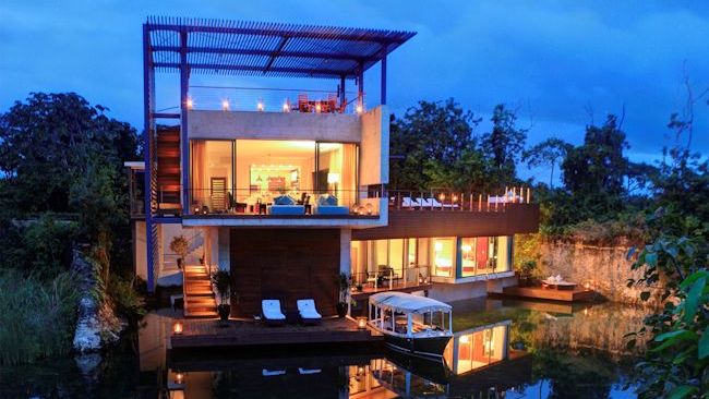 villa exterior night