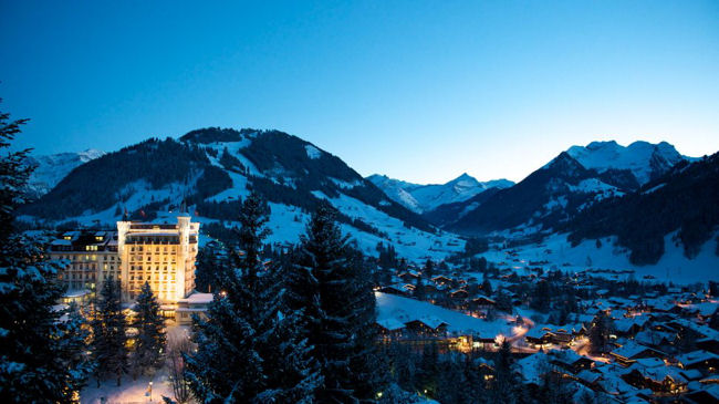 Gstaad Palace winter town night