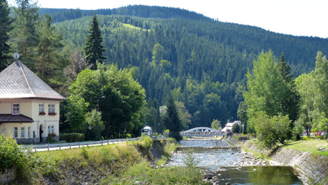 mountain town river