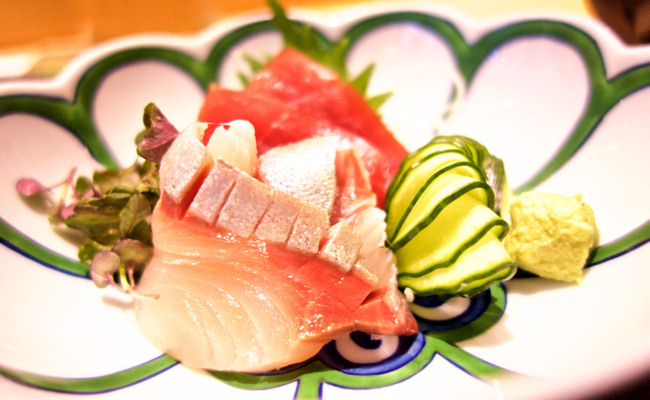 Omakase, blue fin tuna and smoked amberjack sashimi
