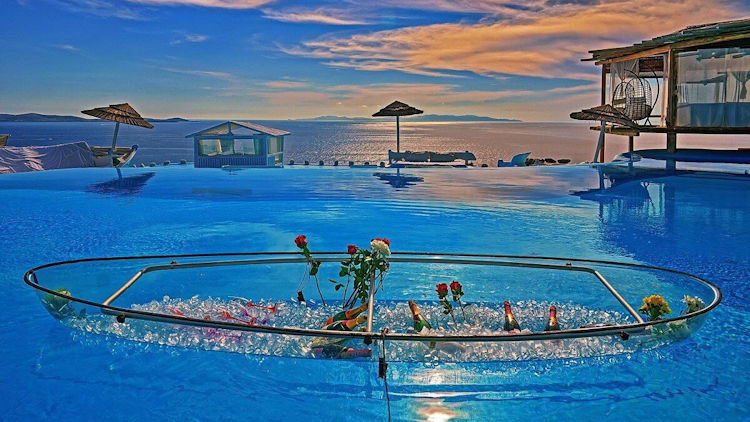 Mykonos villa pool sunset