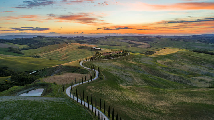 Tuscany road aerial shot