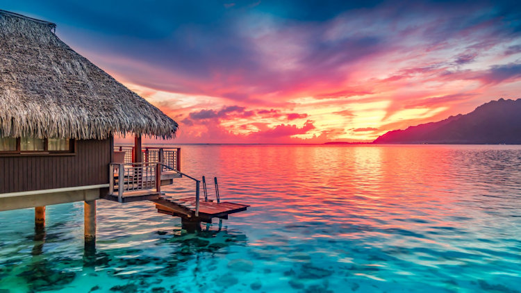 overwater bungalow sunset