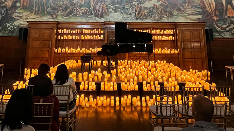 Candlelight concert with candles surrounding the piano