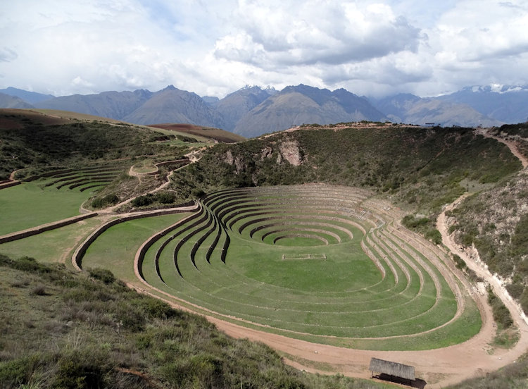 The circular Inca terraces of Moray under a wide Andean sky